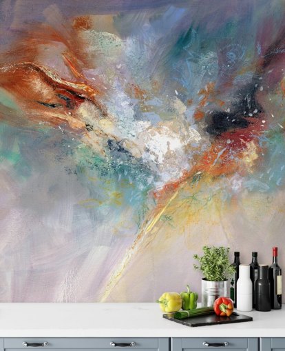 färgglad anpassningsbar abstrakt tapetväggmålning kallad Celestial av Anne Farrall Doyle för kök, sovrum och vardagsrum