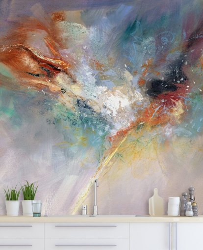 kleurrijke aanpasbare abstracte behangmuurschildering genaamd Celestial van Anne Farrall Doyle voor keukens, slaapkamers en woonkamers