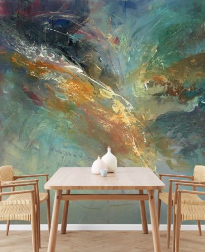 groene en gouden aanpasbare abstracte behangmuurschildering genaamd Intangable door Anne Farrall Doyle 