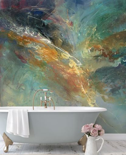 mural de papel pintado abstracto personalizable verde y dorado llamado Intangable de Anne Farrall Doyle 