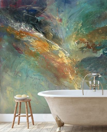 mural de papel pintado abstracto personalizable verde y dorado llamado Intangable de Anne Farrall Doyle 