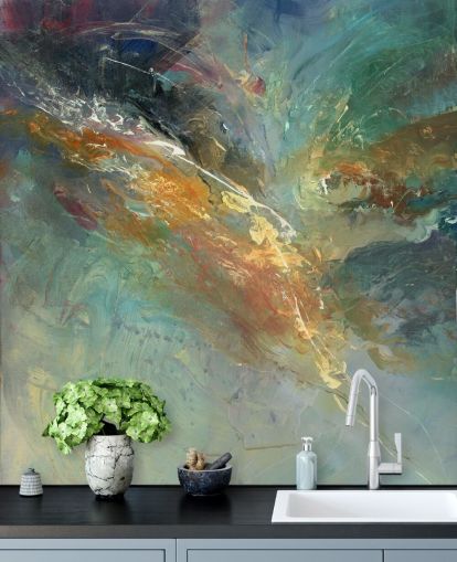 carta da parati murale astratta personalizzabile verde e oro chiamata Intangable di Anne Farrall Doyle 