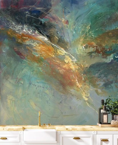 mural de papel pintado abstracto personalizable verde y dorado llamado Intangable de Anne Farrall Doyle 