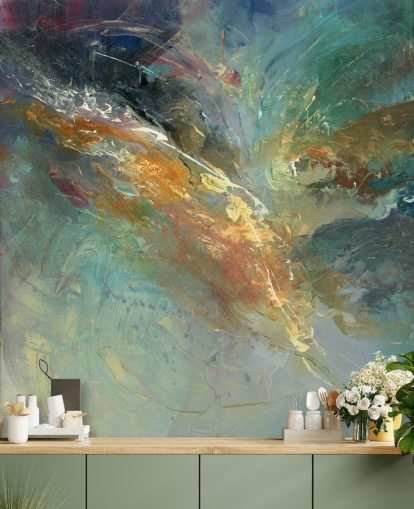 mural de papel de parede abstrato personalizável verde e dourado chamado Intangable de Anne Farrall Doyle 