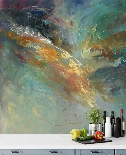 mural de papel pintado abstracto personalizable verde y dorado llamado Intangable de Anne Farrall Doyle 