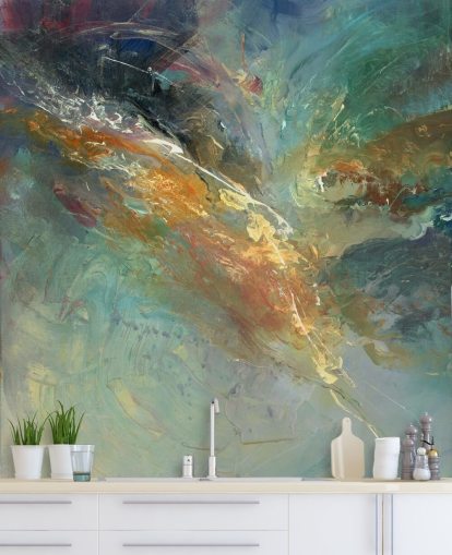 groene en gouden aanpasbare abstracte behangmuurschildering genaamd Intangable door Anne Farrall Doyle 