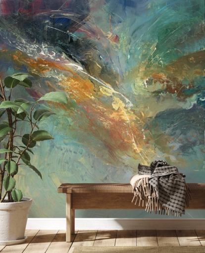 mural de papel de parede abstrato personalizável verde e dourado chamado Intangable de Anne Farrall Doyle 