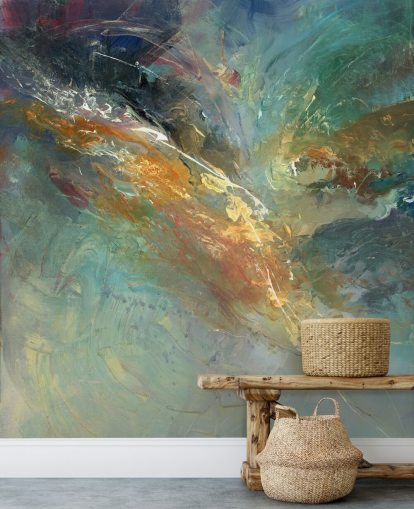 groene en gouden aanpasbare abstracte behangmuurschildering genaamd Intangable door Anne Farrall Doyle 