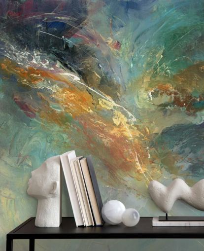 mural de papel pintado abstracto personalizable verde y dorado llamado Intangable de Anne Farrall Doyle 