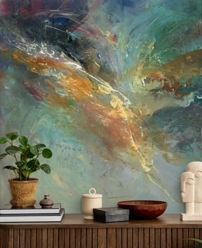 carta da parati murale astratta personalizzabile verde e oro chiamata Intangable di Anne Farrall Doyle 