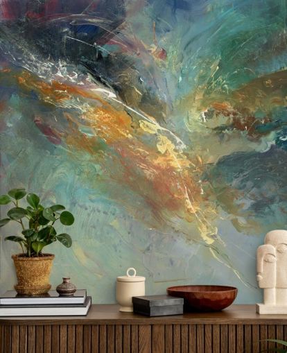 mural de papel de parede abstrato personalizável verde e dourado chamado Intangable de Anne Farrall Doyle 