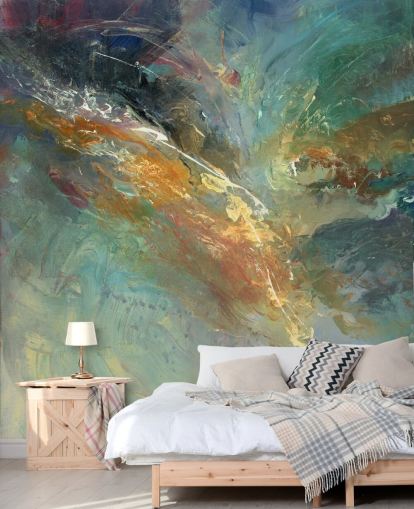 mural de papel pintado abstracto personalizable verde y dorado llamado Intangable de Anne Farrall Doyle 