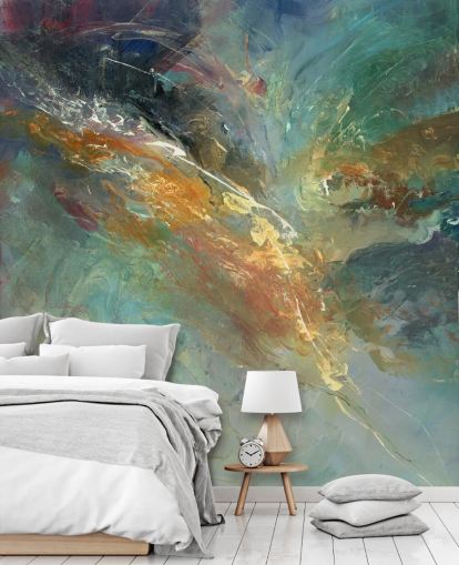 mural de papel pintado abstracto personalizable verde y dorado llamado Intangable de Anne Farrall Doyle 