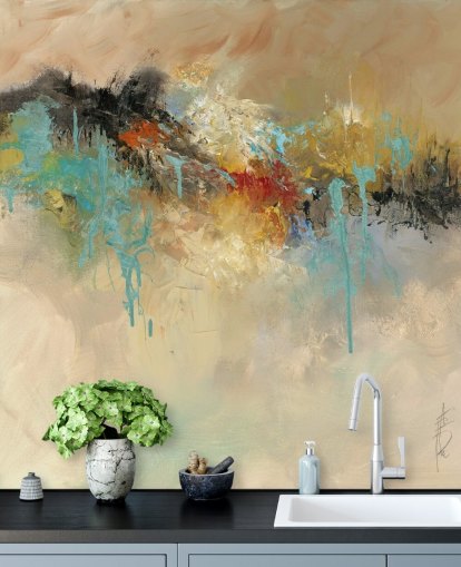 rødt tilpassbart abstrakt tapetmaleri kalt Red Earth av Anne Farrall Doyle for soverom