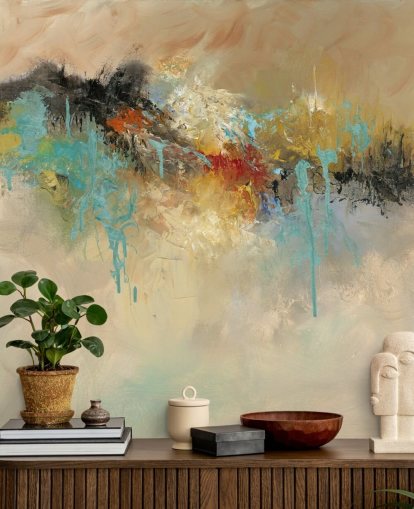 rode aanpasbare abstracte behangmuurschildering genaamd Red Earth van Anne Farrall Doyle voor slaapkamers