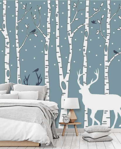 Birch trees with deer, vector background Wall Mural Wallpaper