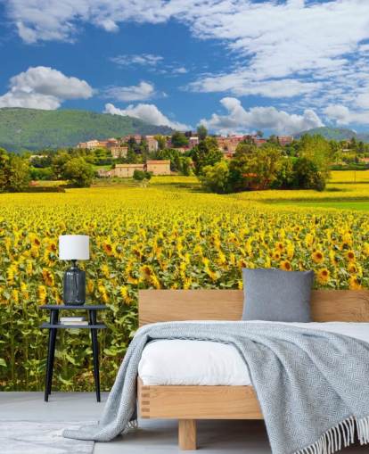 Sunflowers in a Field with Rustic House Wallpaper
