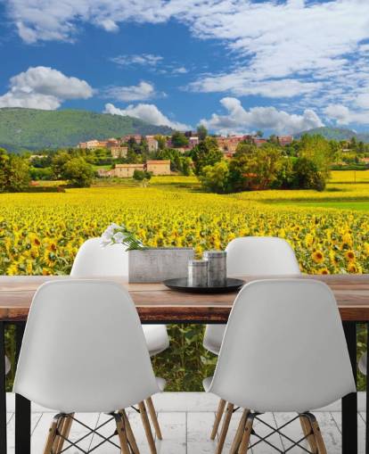 Sunflowers in a Field with Rustic House Wallpaper