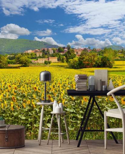 Sunflowers in a Field with Rustic House Wallpaper