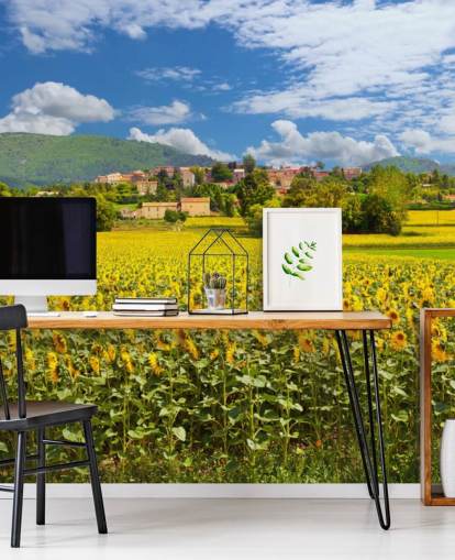 Tournesols dans un champ avec papier peint de maison rustique