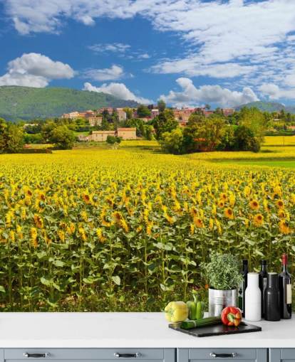 Sunflowers in a Field with Rustic House Wallpaper
