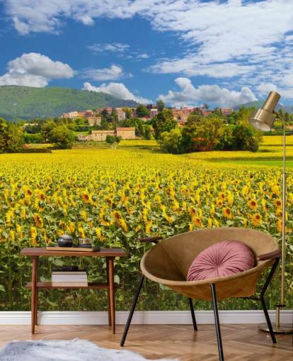 Girasoles en un campo con papel pintado de casas rústicas Girasoles en un campo con papel pintado de casas rústicas