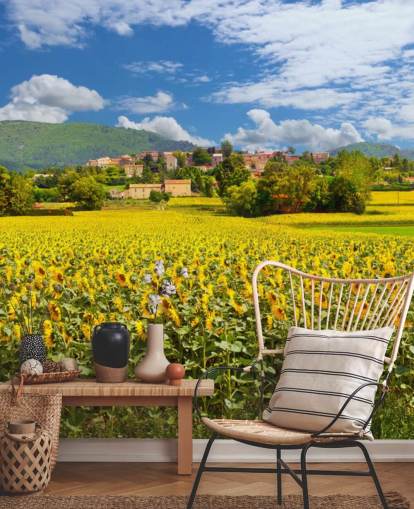 Sunflowers in a Field with Rustic House Wallpaper