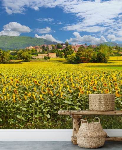 Girasoli in un campo con carta da parati rustica