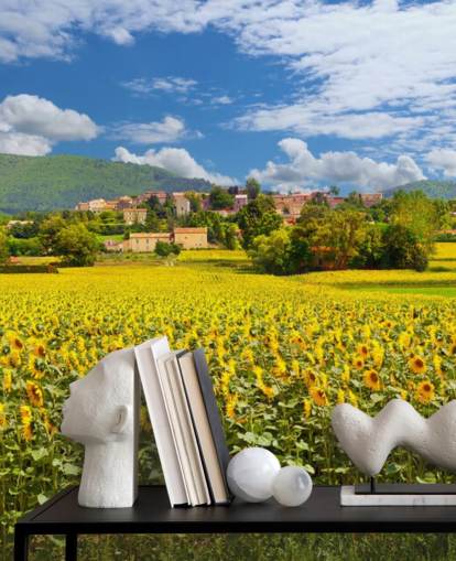 Tournesols dans un champ avec papier peint de maison rustique