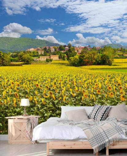 Sunflowers in a Field with Rustic House Wallpaper