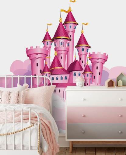 papel de parede de castelo de princesa rosa flutuando nas nuvens