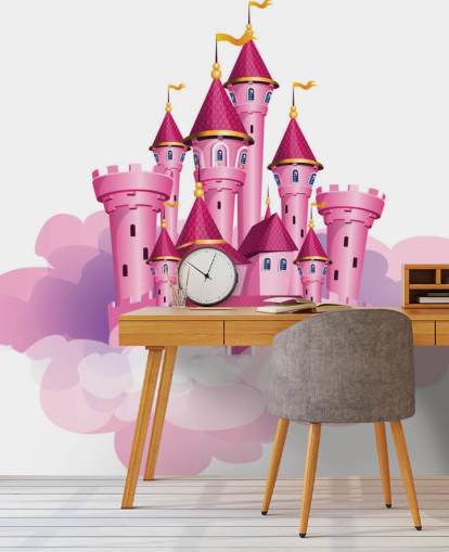 pink princess castle floating on clouds wallpaper