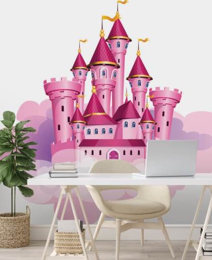 pink princess castle floating on clouds wallpaper