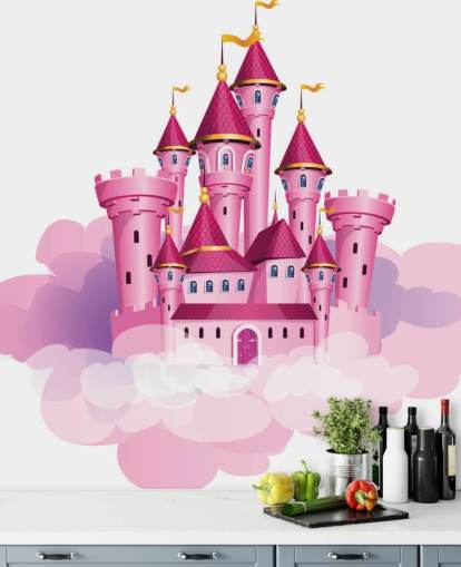 pink princess castle floating on clouds wallpaper