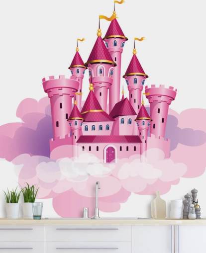 pink princess castle floating on clouds wallpaper