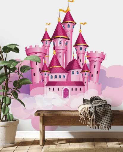 pink princess castle floating on clouds wallpaper