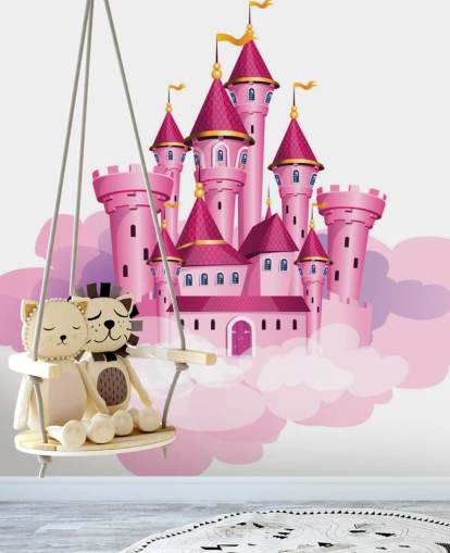papel de parede de castelo de princesa rosa flutuando nas nuvens