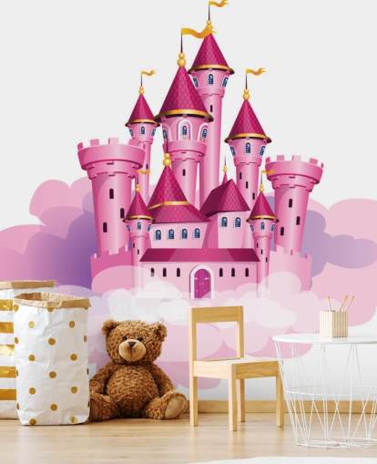 papel de parede de castelo de princesa rosa flutuando nas nuvens