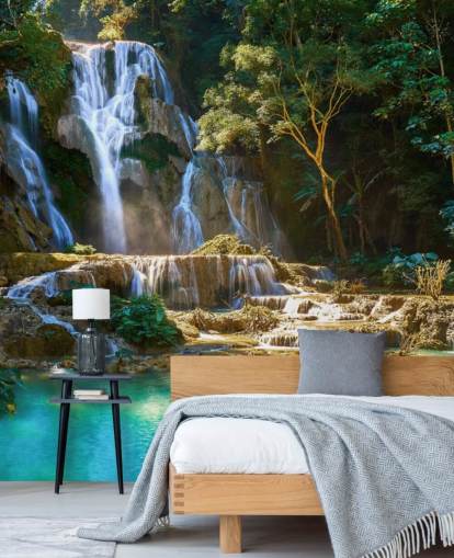 fondo de pantalla de selva con laguna azul y cascada