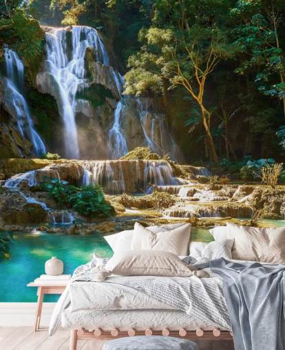 jungle with blue lagoon and waterfall wallpaper