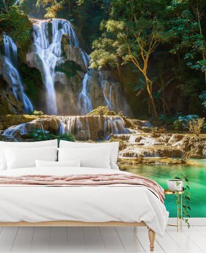 jungle with blue lagoon and waterfall wallpaper