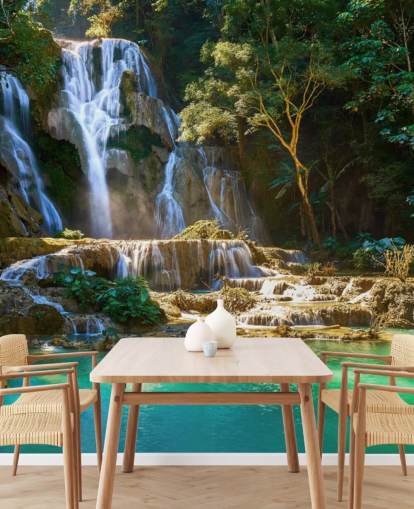 jungle with blue lagoon and waterfall wallpaper