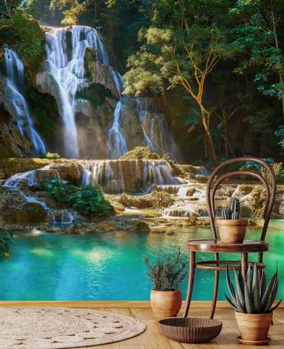 jungle met blauwe lagune en watervalbehang jungle met blauwe lagune en watervalbehang