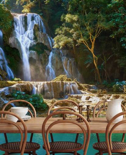 jungle with blue lagoon and waterfall wallpaper
