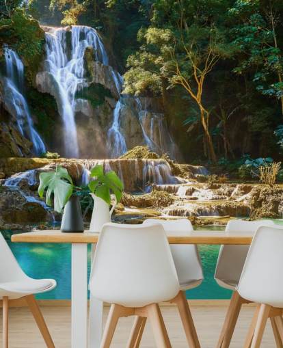 jungle with blue lagoon and waterfall wallpaper