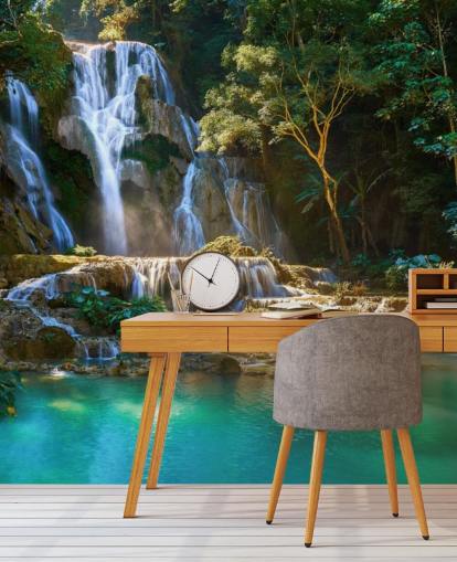 papier peint jungle avec lagon bleu et cascade