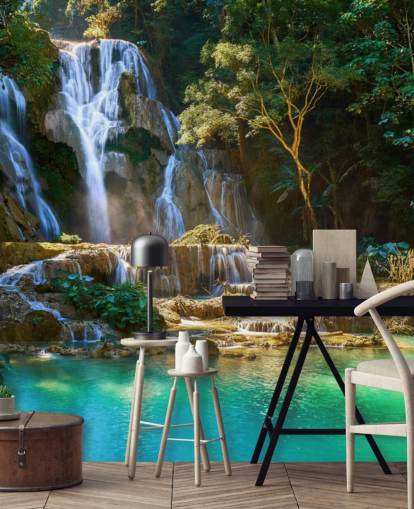 jungle met blauwe lagune en watervalbehang