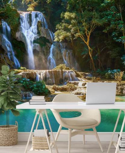 jungle with blue lagoon and waterfall wallpaper