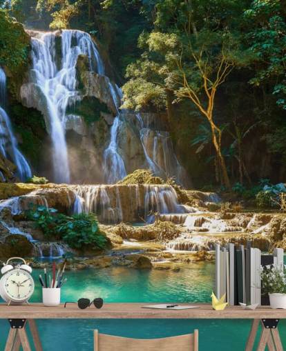 Dschungel mit blauer Lagune und Wasserfall-Tapete Dschungel mit blauer Lagune und Wasserfall-Tapete