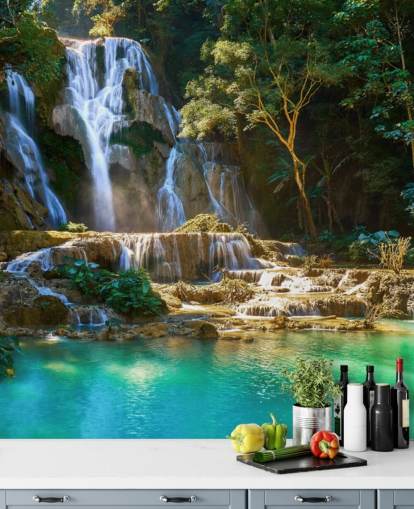 jungle with blue lagoon and waterfall wallpaper